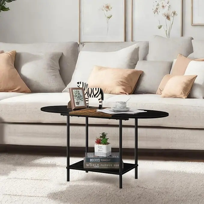 ETELI Small Black Coffee Tables Oval Center Table with Storage and Open Shelving Round Coffee Tea Tables for Living Room, Small Space, Home Office, Brown & Black - LeafyLoom