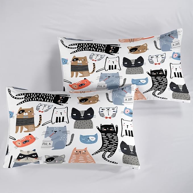 CVHOUSE Cat Bedding,Cartoon Cat Comforter King,Animals Print Comforter Set for Kids,Kawaii Quilt Set with 1 Comforter and 2 Pillow Cases - LeafyLoom