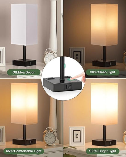 aooshine Black Base White Shade Set of 2 Touch Lamp with USB Port-Nightstand Lamp with USB-C+A Charge Ports& AC Outlets, 3-Way Dimmable Bedside Lamp, Small Table Lamp for Bedroom(Bulb Included) - LeafyLoom