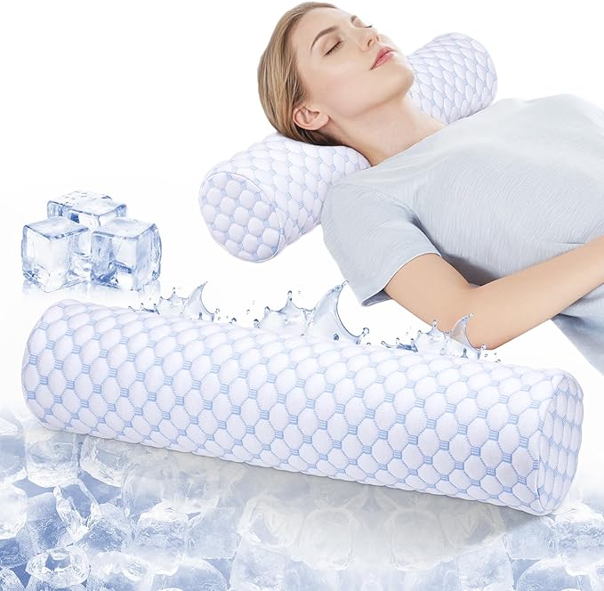 Neck Roll Pillow - Cooling Neck Roll Pillow for Sleeping - Cervical Neck Roll Pillow for Neck Support - Memory Foam Memory Foam Round Cylinder Bolster Pillow for Bed, Couch, Yoga (Blue) - LeafyLoom