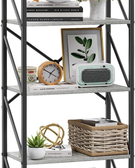 5 Tiers Bookcase Shelf,Industrial Rustic Storage Rack with Shelves,Wood Tall Bookshelf Open Shelf,Farmhouse Bookshelf Book Case for Bedroom/Living Room/Home Office,Gray - LeafyLoom