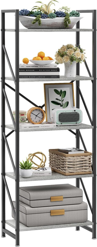 5 Tiers Bookcase Shelf,Industrial Rustic Storage Rack with Shelves,Wood Tall Bookshelf Open Shelf,Farmhouse Bookshelf Book Case for Bedroom/Living Room/Home Office,Gray - LeafyLoom