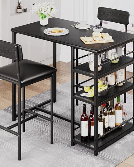 Dining Table Set for 2, Kitchen Table and Upholstered Chairs for 2, 3 Piece Counter Height Bar Table Set with 3 Large Storage Shelves for Small Space, Apartment, Studio, Rustic Black - LeafyLoom