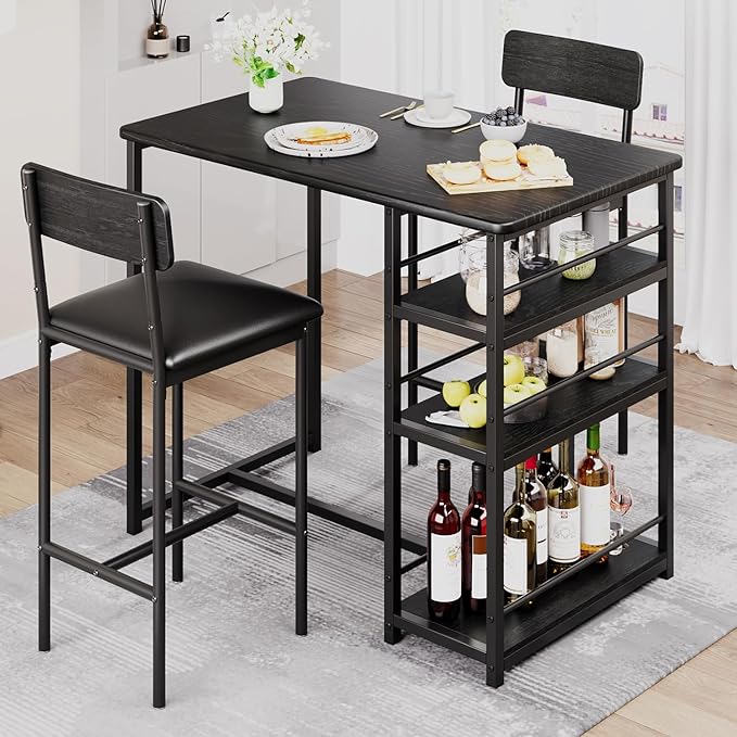 Dining Table Set for 2, Kitchen Table and Upholstered Chairs for 2, 3 Piece Counter Height Bar Table Set with 3 Large Storage Shelves for Small Space, Apartment, Studio, Rustic Black - LeafyLoom