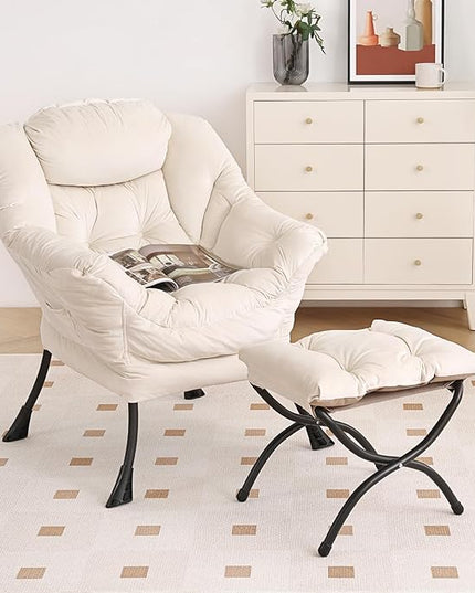 Lazy Chair with Ottoman, Modern Chair with Folding Footrest, Lounge Accent Chair, Comfortable Reading Chair, Oversized Armchairs for Bedroom, Study, Living Room, Courtyard (Beige) - LeafyLoom