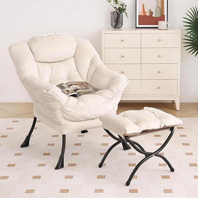 Lazy Chair with Ottoman, Modern Chair with Folding Footrest, Lounge Accent Chair, Comfortable Reading Chair, Oversized Armchairs for Bedroom, Study, Living Room, Courtyard (Beige) - LeafyLoom