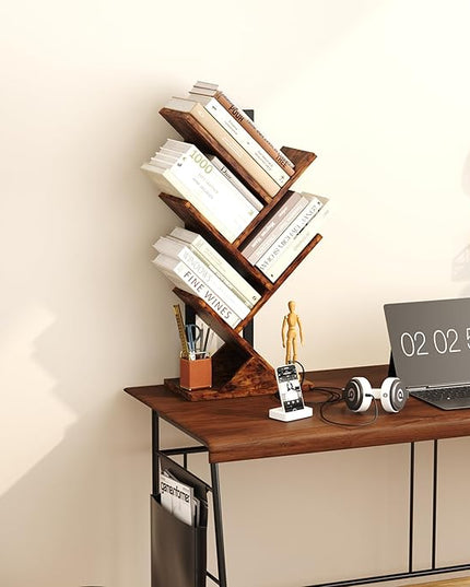 Yusong Tree Bookshelf, 5-Tier Small Bookcase with Metal Frame, Geometric Floor Standing Books Shelves Wooden Shelf for Office Desk Bedroom Tabletop Living Room Rustic Brown - LeafyLoom