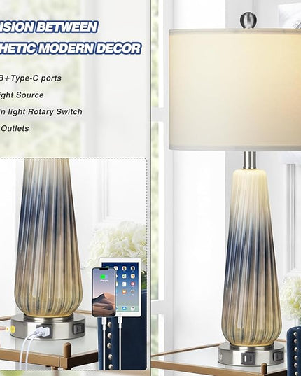 28" Glass Table Lamp Set of 2, Modern Table Lamps with USB A+C Ports & AC Outlet, Touch Control Bedside Nightstand Lamp with LED Night Light & White Fabric Shade for Living Room Blue(4 Bulbs Included) - LeafyLoom