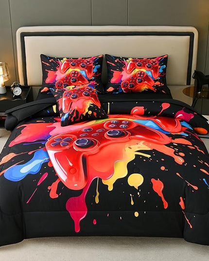 Full Size Gamer Comforter Set for Boys, Game Controller 6 Pcs Bed in a Bag Full Gaming Bediing Set for Boys Kids - LeafyLoom