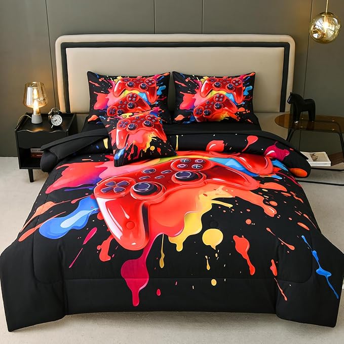 Gamer Comforter Set for Boys Kids, 6 Pcs Bed in a Bag Game Controller Boys Bediing Set Twin Size for All Season - LeafyLoom