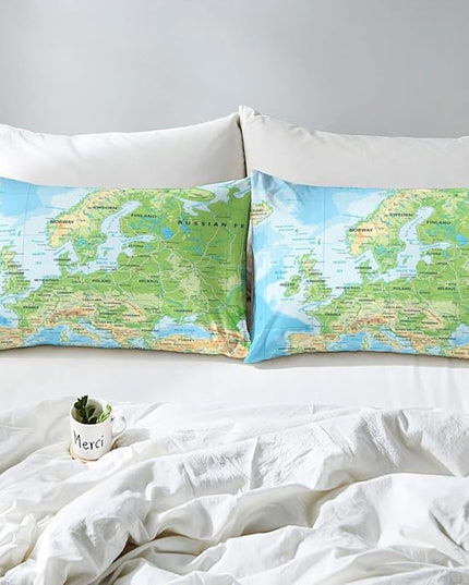 Erosebridal World Map Comforter Set King Size, Blue Ocean Bedding Set for Kids Boys Girls, Map of Various Countries Quilted Duvet Abstract Art Bedding Comforters Breathable Bedroom Decor - LeafyLoom