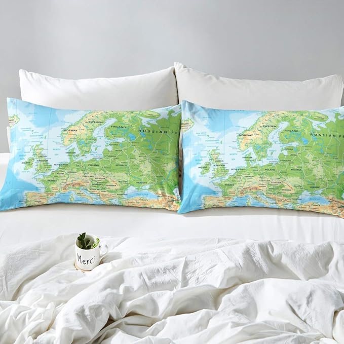 Erosebridal World Map Comforter Set King Size, Blue Ocean Bedding Set for Kids Boys Girls, Map of Various Countries Quilted Duvet Abstract Art Bedding Comforters Breathable Bedroom Decor - LeafyLoom