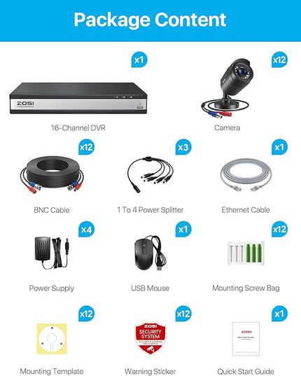ZOSI 3K Lite 16CH Security Camera System,12pcs Wired 1080P Outdoor Indoor Weatherproof Cameras,AI Human Vehicle Detection,Night Vision,H.265+ 16 Channel CCTV DVR with 2TB HDD for 24/7 Recording ZOSI