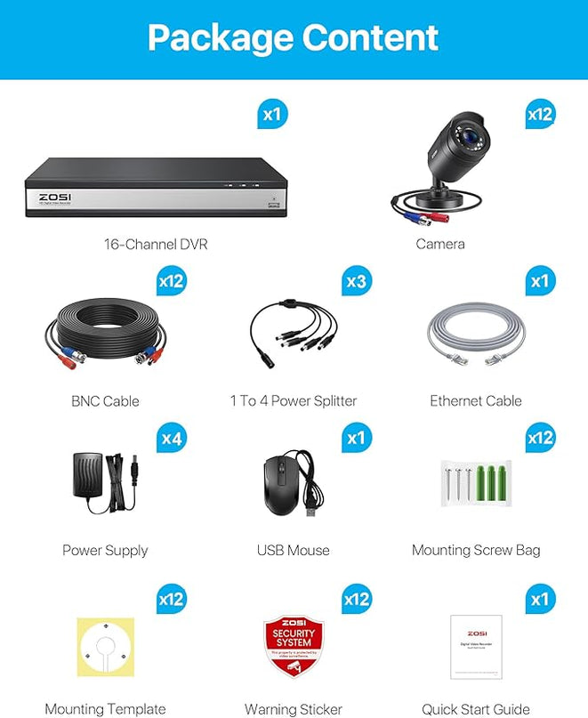 ZOSI 3K Lite 16CH Security Camera System,12pcs Wired 1080P Outdoor Indoor Weatherproof Cameras,AI Human Vehicle Detection,Night Vision,H.265+ 16 Channel CCTV DVR with 2TB HDD for 24/7 Recording ZOSI