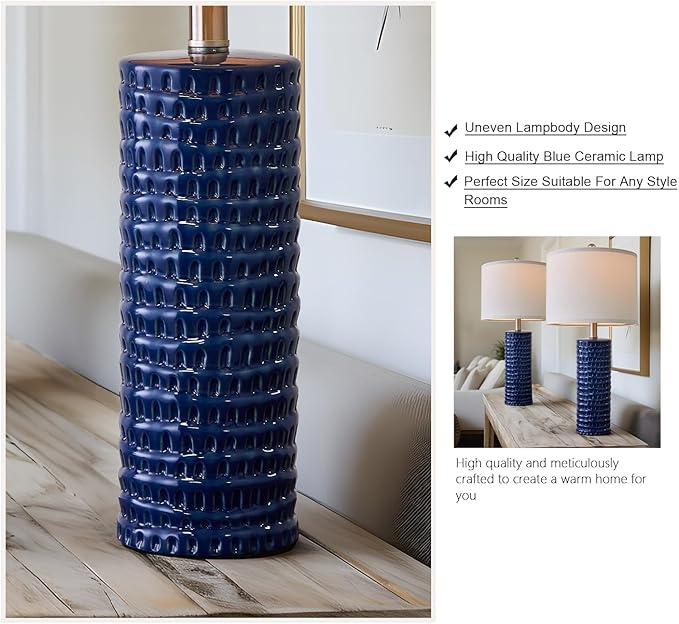 PORTRES 24.75" Modern Accent Ceramic Table Lamp Set of 2 for Bedroom Blue Desk Decor Bedside Lamps for Living Room Study Room Office Dorm Farmhouse Nightstand Lamp End Table Lamps - LeafyLoom