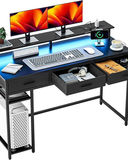 Computer Desk with Drawers and Storage Shelves, Home Office Desk with LED Lights & Power Outlets, Gaming Desk with Monitor Stand, Writing Study Desk, Kids Small Desk for Bedroom, Black - LeafyLoom