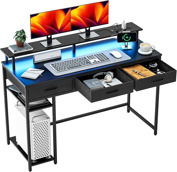Computer Desk with Drawers and Storage Shelves, Home Office Desk with LED Lights & Power Outlets, Gaming Desk with Monitor Stand, Writing Study Desk, Kids Small Desk for Bedroom, Black - LeafyLoom