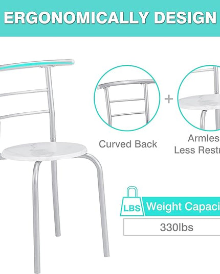 VECELO 3 Piece Small Round Dining Table Set for Kitchen Breakfast Nook, Wood Grain Tabletop with Wine Storage Rack, Save Space, 31.5", White & Silver - LeafyLoom