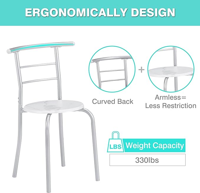 VECELO 3 Piece Small Round Dining Table Set for Kitchen Breakfast Nook, Wood Grain Tabletop with Wine Storage Rack, Save Space, 31.5", White & Silver - LeafyLoom