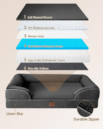 EHEYCIGA Orthopedic Dog Beds for Large Dogs, Waterproof Memory Foam Large Dog Bed with Sides, Non-Slip Bottom and Egg-Crate Foam Large Dog Couch Bed with Washable Removable Cover, Dark Grey EHEYCIGA