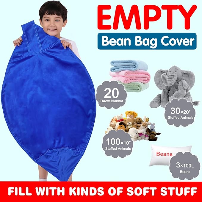 Lukeight Stuffed Animal Storage Bean Bag Chair Cover for Kids, Zipper Beanbag Chair Cover for Organizing Toddler & Kids' Rooms Plush Toys (Solid Blue, XX-Large) - LeafyLoom