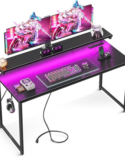 AODK Computer Desk, 55 Inch Gaming Desk with LED Lights and Power Outlet, Office Desk with Adjustable Monitor Shelf (3 Heights), Computer Table Work Desk for Home/Bedroom, Black - LeafyLoom