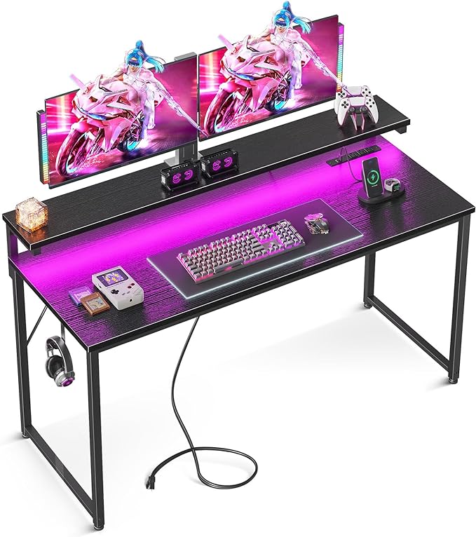 AODK Computer Desk, 55 Inch Gaming Desk with LED Lights and Power Outlet, Office Desk with Adjustable Monitor Shelf (3 Heights), Computer Table Work Desk for Home/Bedroom, Black - LeafyLoom