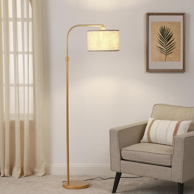 EDISHINE Arc Floor Lamp for Living Room, Modern Standing Lamp with Adjustable Drum Shade, Gold Reading Lamp Corner Light with Foot Switch for Bedroom, Office, Kids Room - LeafyLoom