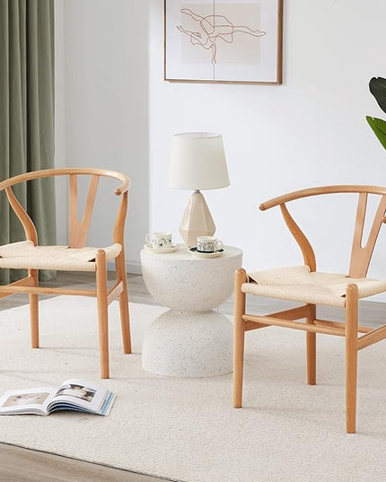 Farini Rattan Chairs for Dining Room Wishbone Chair Solid Wood Armchairs Y Shaped Backrest Hemp Seat for Home Restaurant Fully-Assembled(Set of 2,Nature-Beige Seat) - LeafyLoom