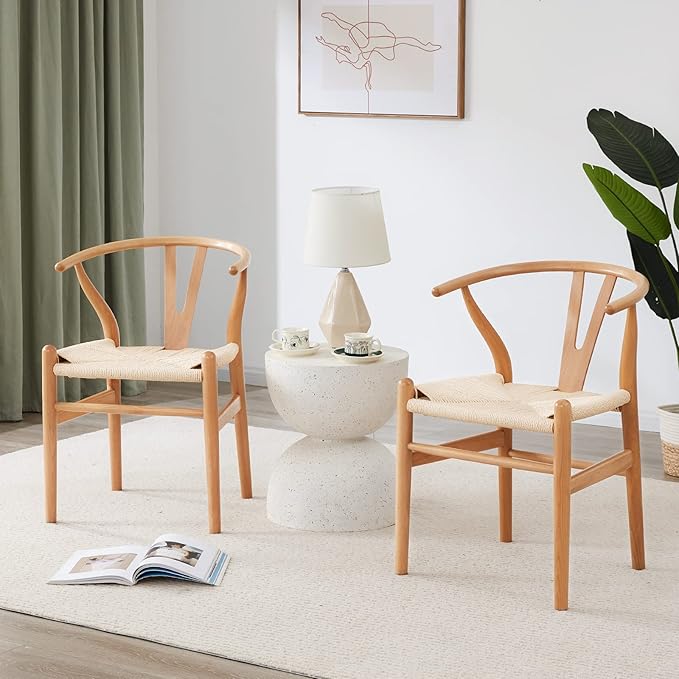 Farini Rattan Chairs for Dining Room Wishbone Chair Solid Wood Armchairs Y Shaped Backrest Hemp Seat for Home Restaurant Fully-Assembled(Set of 2,Nature-Beige Seat) - LeafyLoom