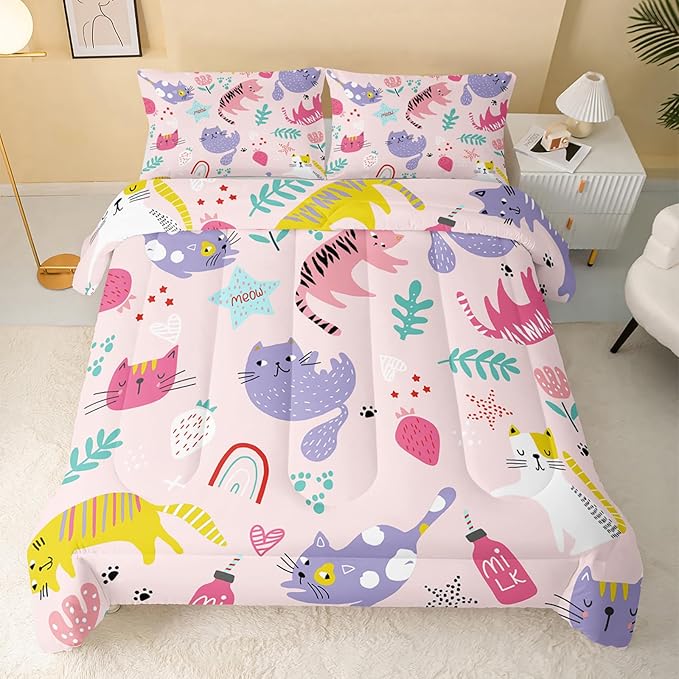 Kawaii Cats Comforter Twin Size,Pink Cats Kids Comforter Set,3Pcs Bedding Set Printed Comforter with 2 Pillowcases,Down Alternative,Soft and Lightweight,for All Seasons - LeafyLoom