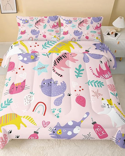 Kawaii Cats Comforter Full Size,Pink Cats Kids Comforter Set,3Pcs Bedding Set Printed Comforter with 2 Pillowcases,Down Alternative,Soft and Lightweight,for All Seasons - LeafyLoom