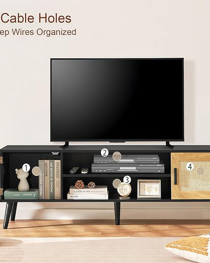 Iwell Rattan TV Stand for 70 inch TV, Entertainment Center with Adjustable Shelf & 2 Cabinets, TV Stands for Living Room, Bedroom, Natural + Black - LeafyLoom