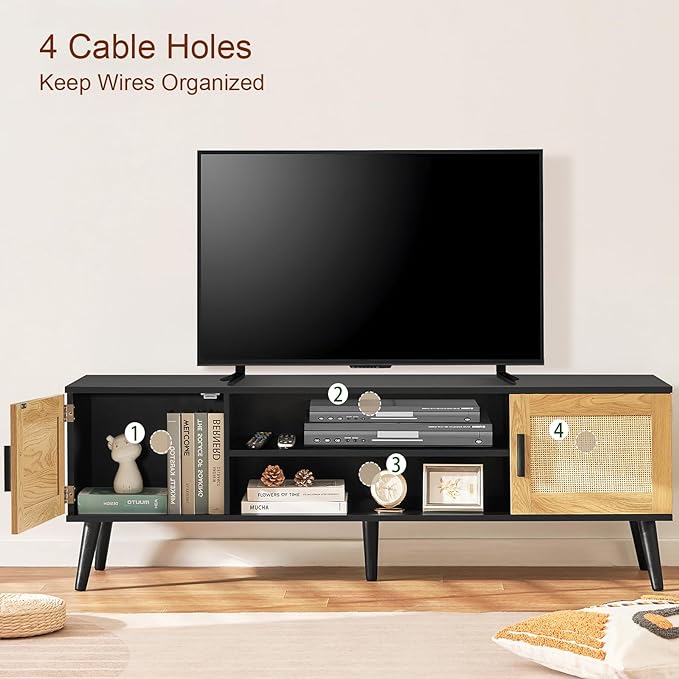 Iwell Rattan TV Stand for 70 inch TV, Entertainment Center with Adjustable Shelf & 2 Cabinets, TV Stands for Living Room, Bedroom, Natural + Black - LeafyLoom
