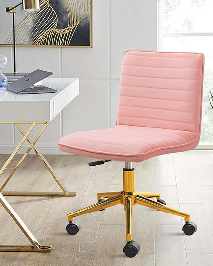 Furniliving Home Office Chair, Armless Vanity Chair with Wheels Swivel Velvet Computer Rolling Desk Chair with Back, Adjustable Accent Chair with Gold Metal Base Stool Chair,Pink - LeafyLoom