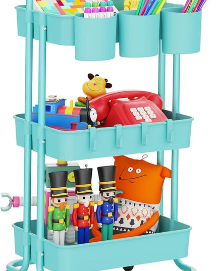 3-Tier Rolling Mobile Utility Cart with Hanging Cups & Hooks & Handle Multifunctional Organizer Storage Trolley Service Cart with Wheels Easy Assembly for Office, Bathroom, Kitchen (Blue) - LeafyLoom