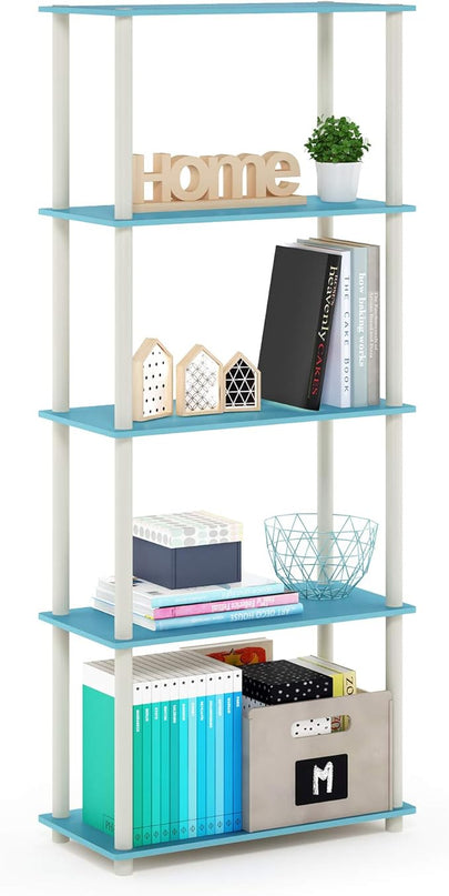 Furinno Turn-N-Tube 5-Tier Multipurpose Shelf / Display Rack / Storage Shelf / Bookshelf, Round Tubes, Light Blue/White - LeafyLoom