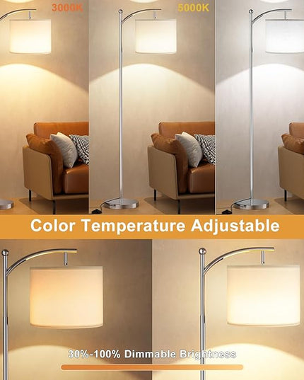 Ambimall Floor Lamp with Remote Control and Stepless Dimmable Bulb, Colors Temperature & Brightness Adjustable, Modern Floor Lamps for Living Room（White Shade & Silver Pole） - LeafyLoom