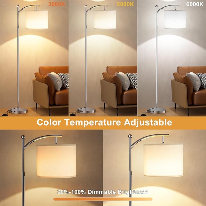 Ambimall Floor Lamp with Remote Control and Stepless Dimmable Bulb, Colors Temperature & Brightness Adjustable, Modern Floor Lamps for Living Room（White Shade & Silver Pole） - LeafyLoom