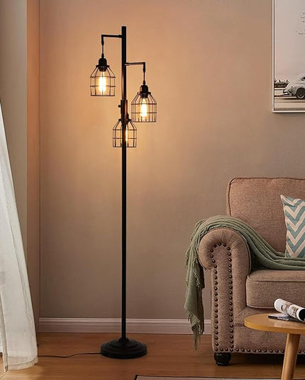 9MMML Floor Lamp for Living Room, Farmhouse Industrial Dimmable Floor lamp,3 Lights Metal Cage Tree Standing Lamp,68", 3Pcs Led Bulbs Included - LeafyLoom