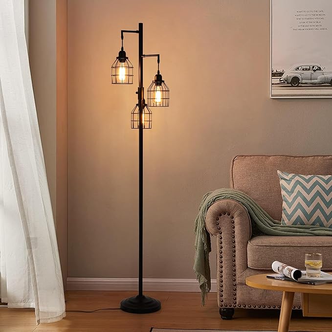 9MMML Floor Lamp for Living Room, Farmhouse Industrial Dimmable Floor lamp,3 Lights Metal Cage Tree Standing Lamp,68", 3Pcs Led Bulbs Included - LeafyLoom