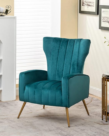 Armchair Modern Velvet Accent Chair, Channel Tufted Bedroom, Office or Living Room Furniture with Elegant Metal Legs, Blueish Green - LeafyLoom