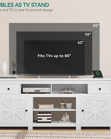 YITAHOME Farmhouse TV Stand, Entertainment Center with Power Outlet for TVs Up to 80 Inch, TV Console with Storage Drawer & Movable Partition, Rustic TV Stand for Living Room, 70" White - LeafyLoom