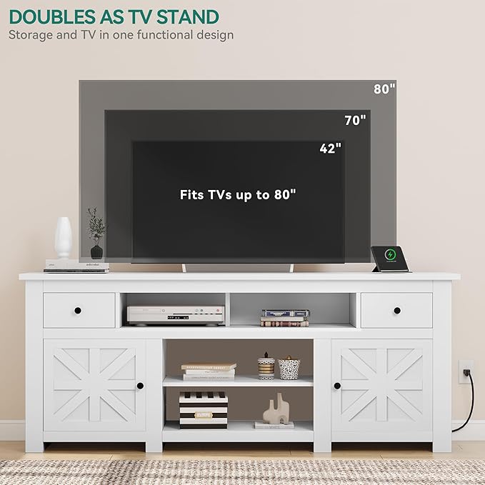 YITAHOME Farmhouse TV Stand, Entertainment Center with Power Outlet for TVs Up to 80 Inch, TV Console with Storage Drawer & Movable Partition, Rustic TV Stand for Living Room, 70" White - LeafyLoom