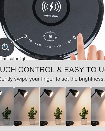 Desk Lamp with USB Charging Port Table Lamp Wireless Charger Dimmable Dorm Lamp 5 Colors 7 Brightness Levels Touch Bedside Table Lamps Gooseneck Reading Light for Home Office - LeafyLoom