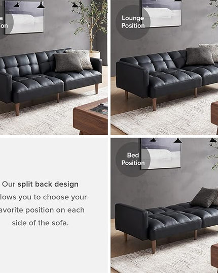 mopio Aaron Couch, Small Sofa, Futon, Sofa Bed, Sleeper Sofa, Loveseat, Mid Century Modern Futon Couch, Sofa Cama, Couches for Living Room, Bedroom (Midnight Black, Faux Leather) - LeafyLoom