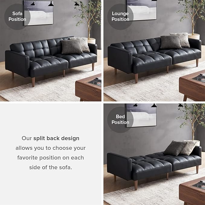mopio Aaron Couch, Small Sofa, Futon, Sofa Bed, Sleeper Sofa, Loveseat, Mid Century Modern Futon Couch, Sofa Cama, Couches for Living Room, Bedroom (Midnight Black, Faux Leather) - LeafyLoom