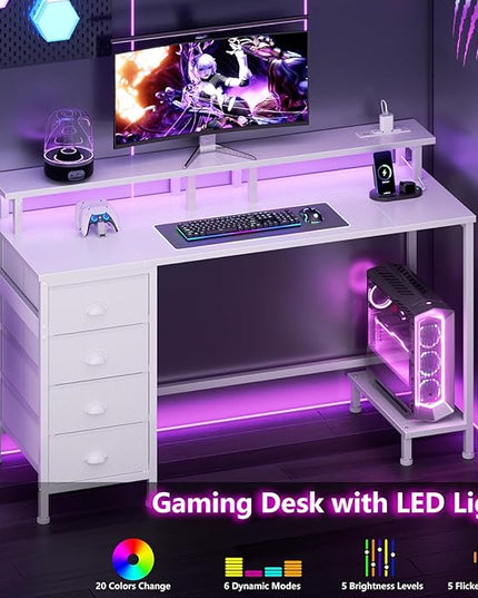 Furologee 55in Computer Desk with 4 Drawers, LED Gaming Desk with Power Outlets, Office Desk with Full Monitor Stand and Storage Shelf, Study Work Desk for Home Office Bedroom, White - LeafyLoom