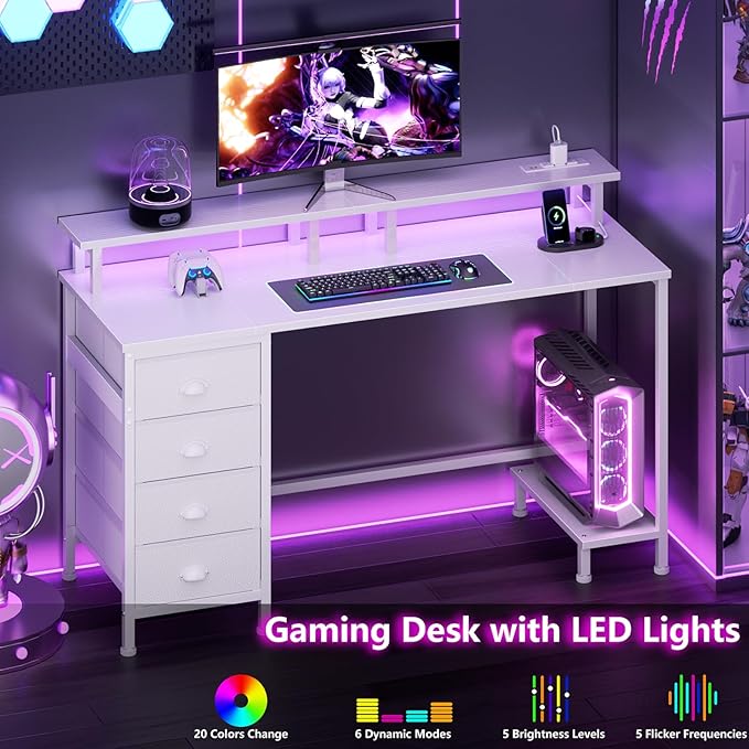 Furologee 55in Computer Desk with 4 Drawers, LED Gaming Desk with Power Outlets, Office Desk with Full Monitor Stand and Storage Shelf, Study Work Desk for Home Office Bedroom, White - LeafyLoom