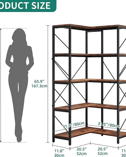 YITAHOME Corner Bookshelf, Industrial Corner Shelf 5 Tier Bookcase, Large Display Rack Storage for Bedroom, Living Room, Home Office,Rustic Brown - LeafyLoom